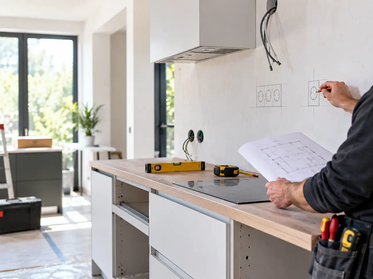 Elektricien bepaalt de positie van nieuwe elektrische aansluitpunten in een keuken in Amsterdam