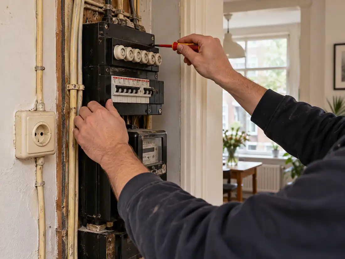 Elektricien controleert de elektrische installatie in een oudere woning in Amsterdam