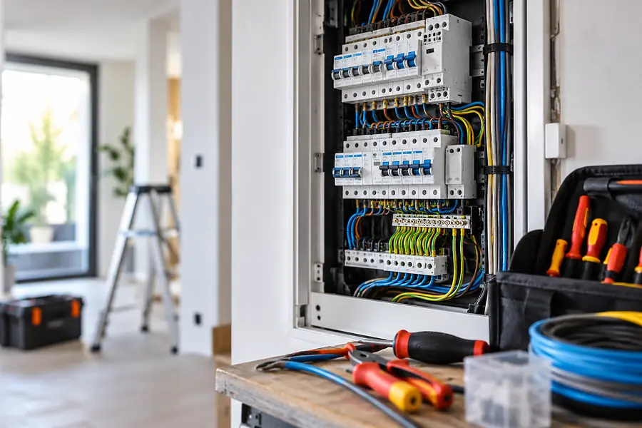 Open elektrische installatiekast met gereedschap in een woning in Amsterdam