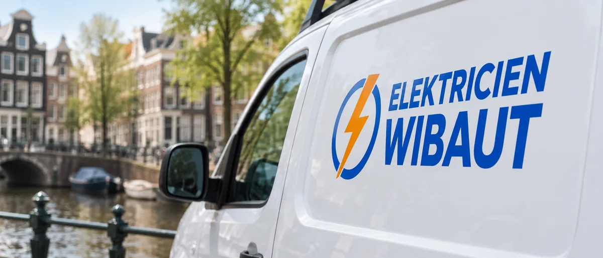 Bedrijfsbus van Elektricien Wibaut aan een Amsterdamse gracht