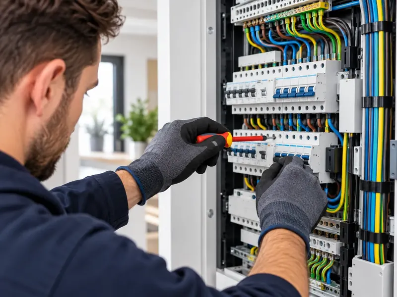 Elektricien Wibaut werkt aan een groepenkast in Amsterdam