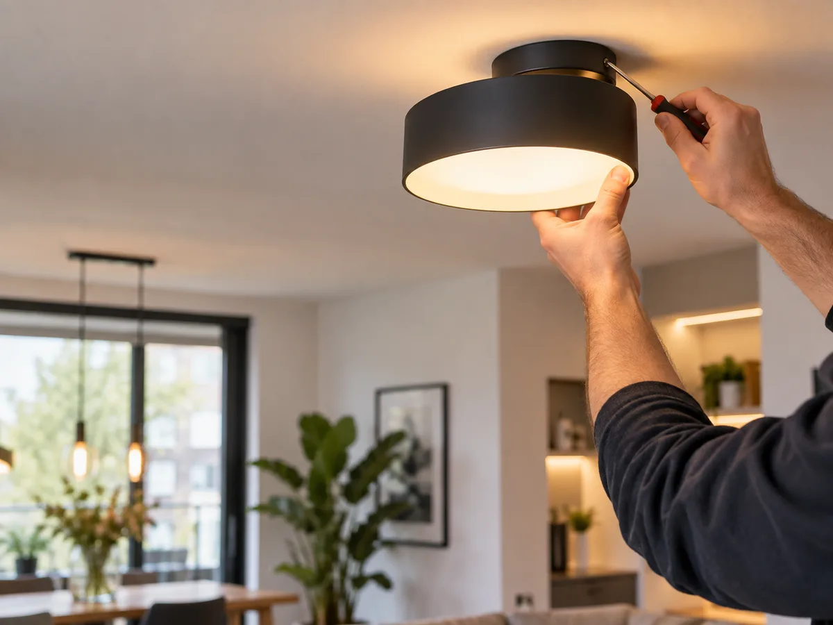 Elektricien installeert een plafondlamp in Amsterdam
