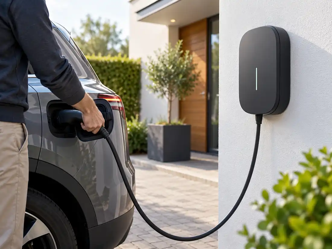 Elektrische auto thuis laden in Amsterdam Elektrische auto wordt aangesloten op een laadpaal bij een woning in Amsterdam
