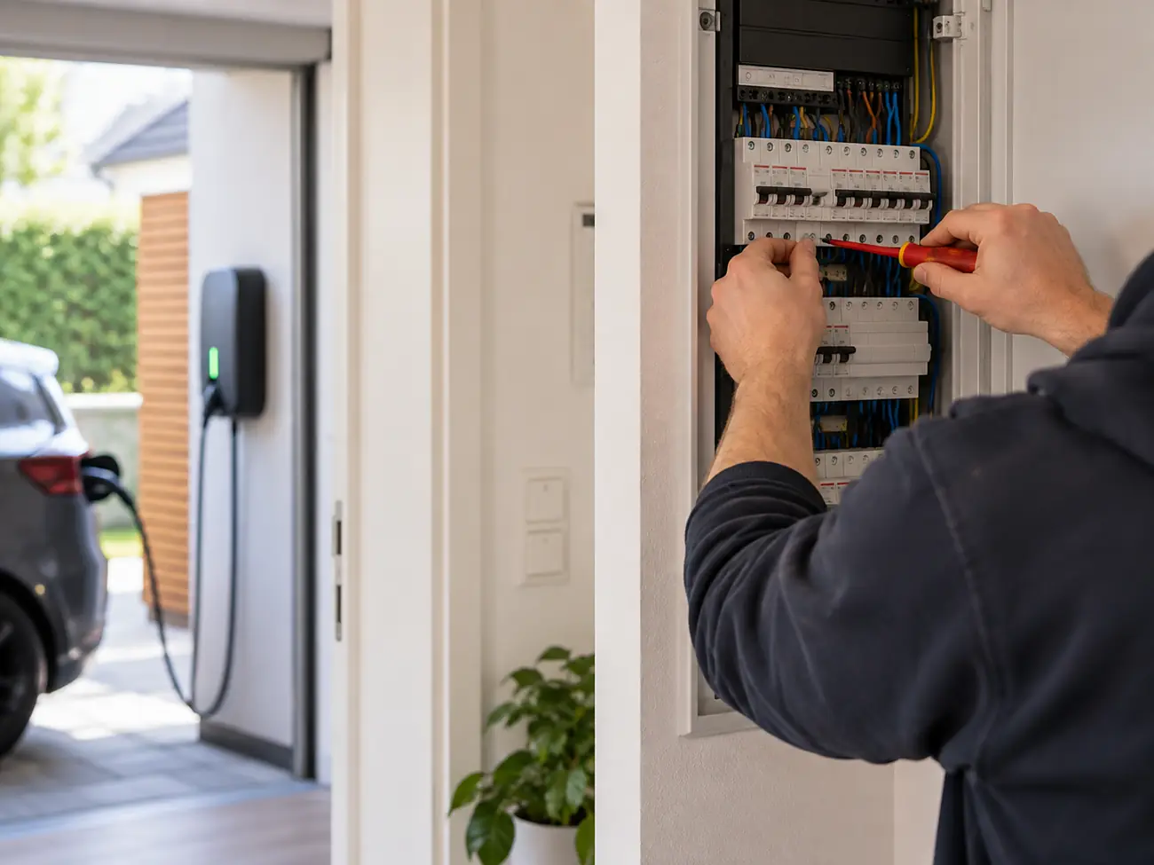 Groepenkast controleren voor laadpaal in Amsterdam Elektricien controleert de groepenkast voor het aansluiten van een laadpaal in Amsterdam
