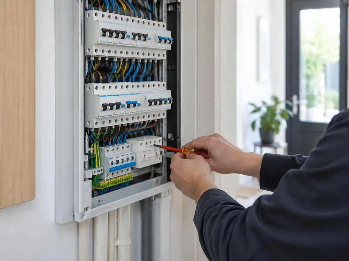 Elektricien werkt aan een moderne groepenkast in een woning in Amsterdam