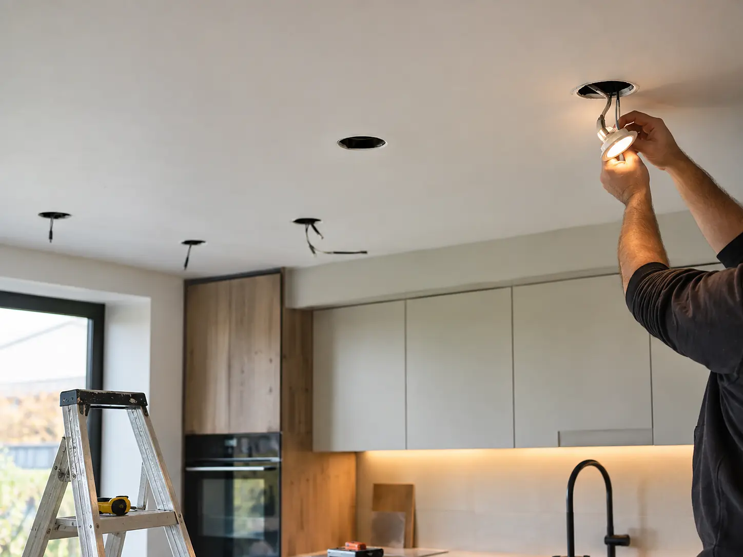 Elektricien plaatst nieuwe inbouwspots tijdens een keukenrenovatie in Amsterdam