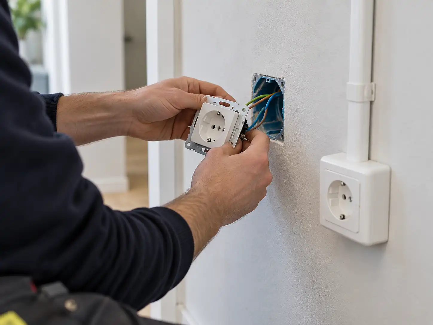 Elektricien sluit een inbouwstopcontact aan in een woning in Amsterdam