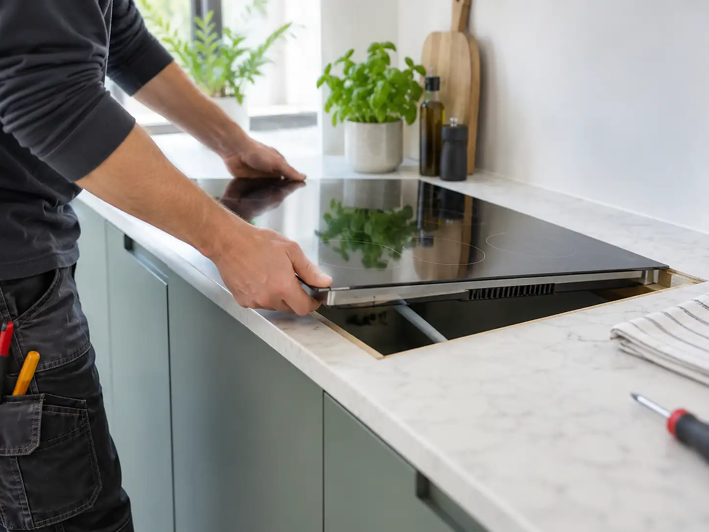 Monteur plaatst een inductiekookplaat in een keuken in Amsterdam