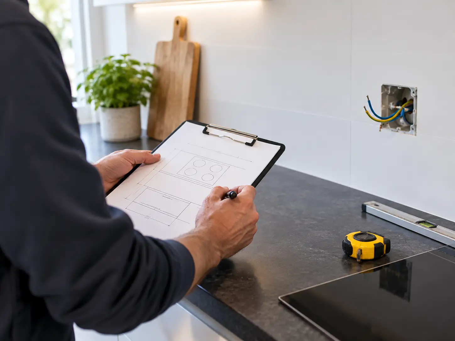 Monteur controleert de elektrische aansluiting voor een nieuwe kookplaat in Amsterdam