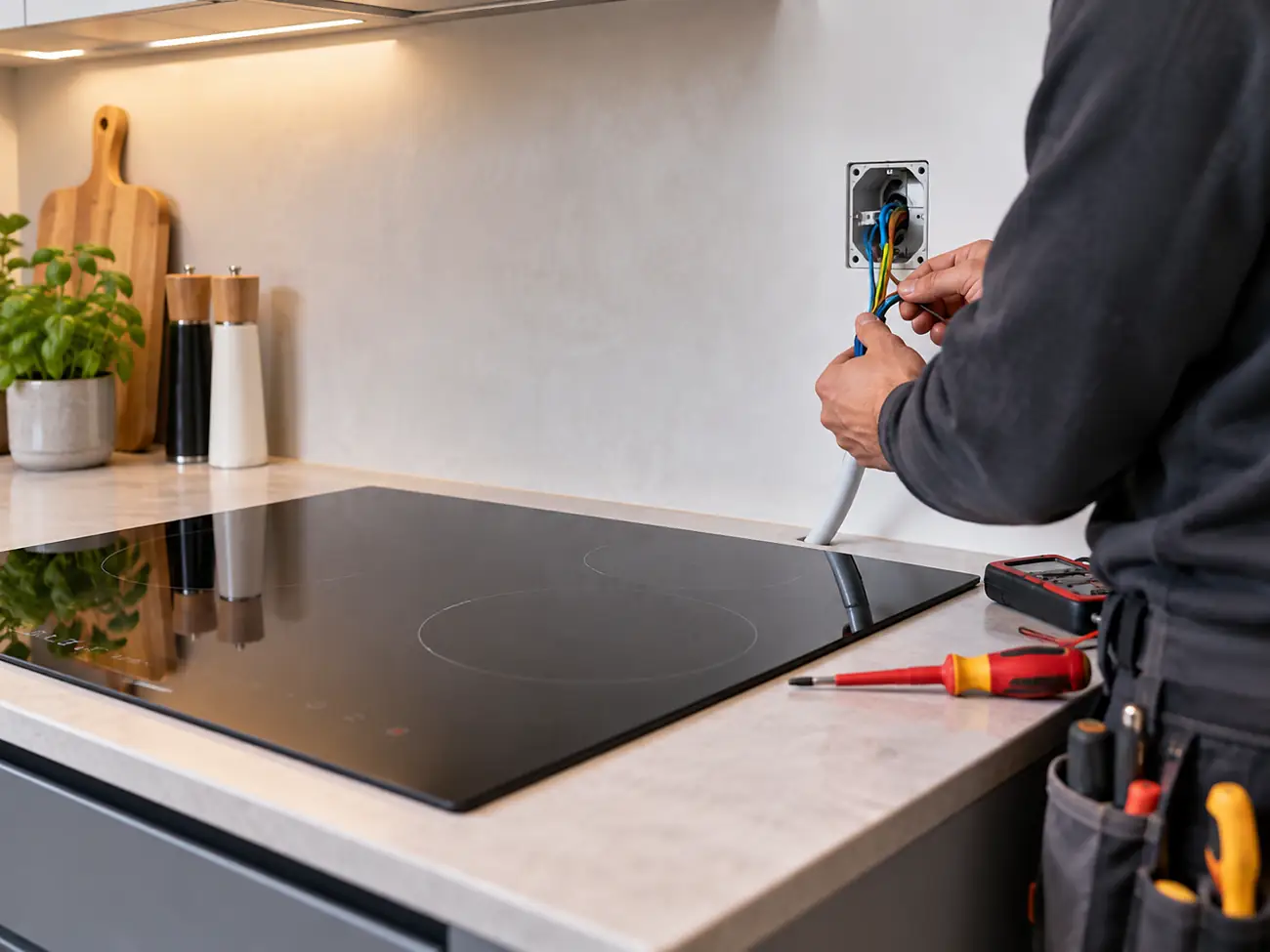 Elektricien werkt aan de aansluiting van een inductiekookplaat in Amsterdam