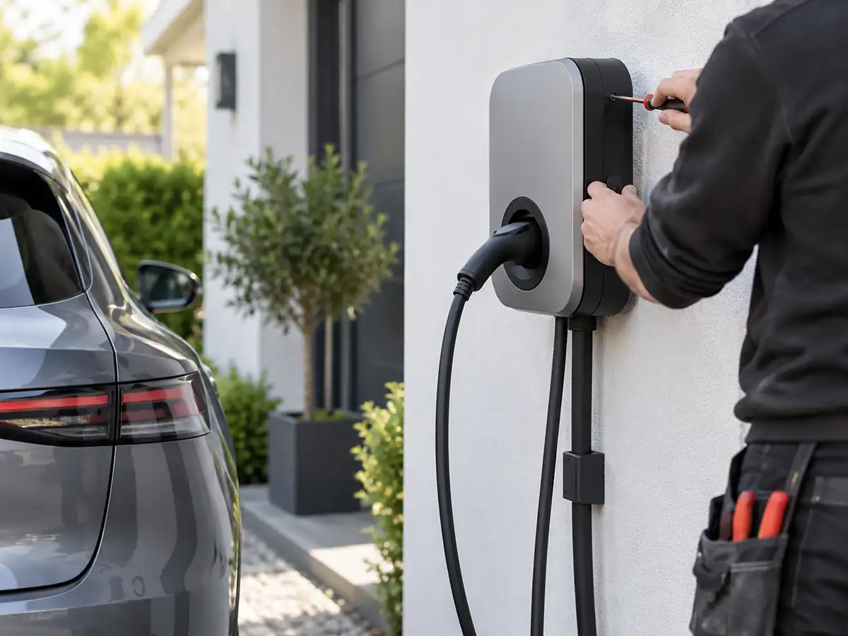 Laadpaal op eigen terrein in Amsterdam Elektrische auto aangesloten op een laadpaal op eigen terrein in Amsterdam