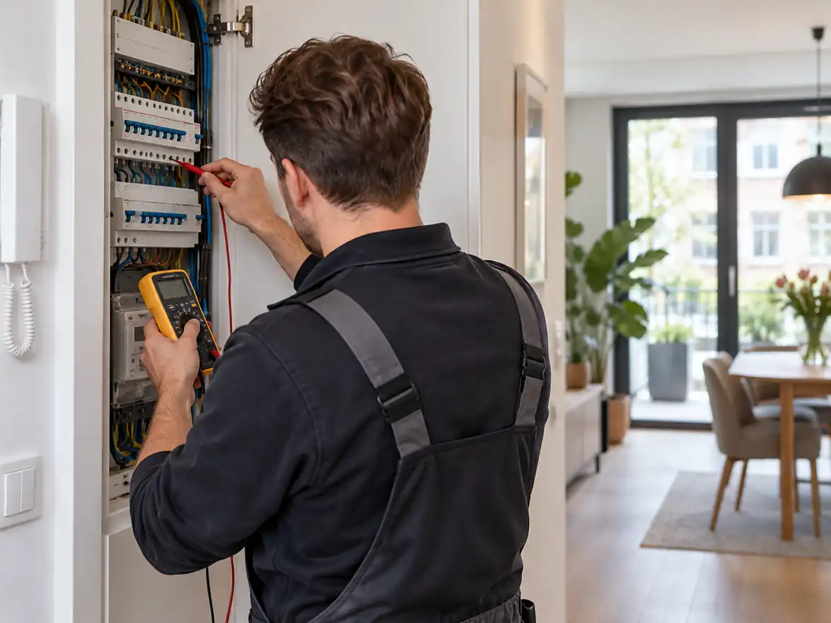 Elektricien controleert de groepenkast bij een elektrische storing in een woning in Amsterdam