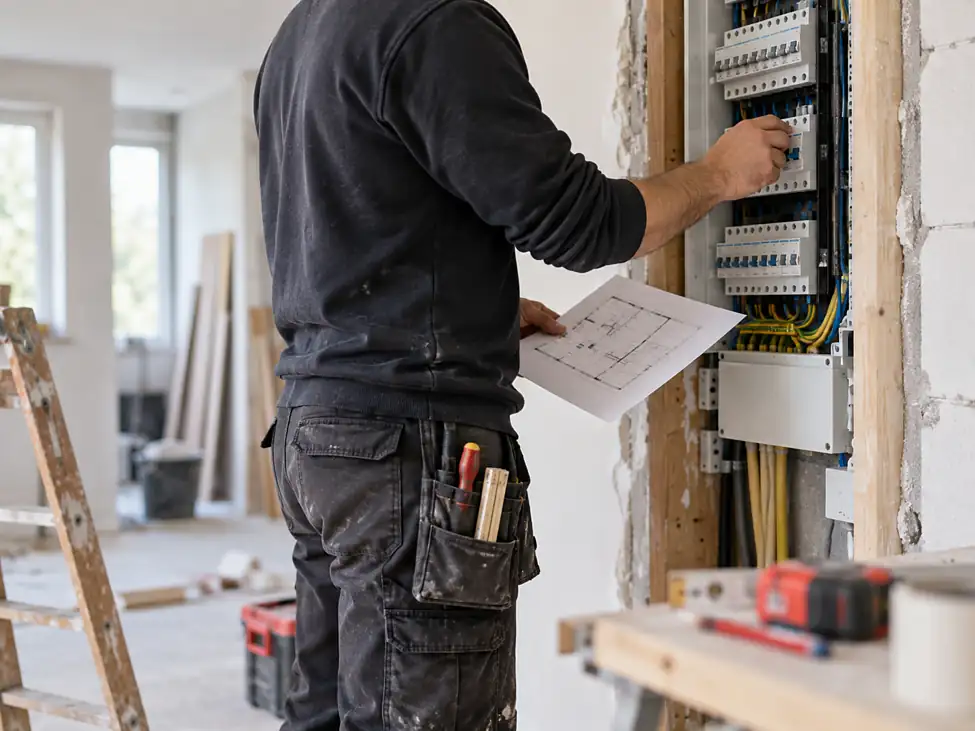Elektricien bekijkt de meterkast tijdens een verbouwing in Amsterdam