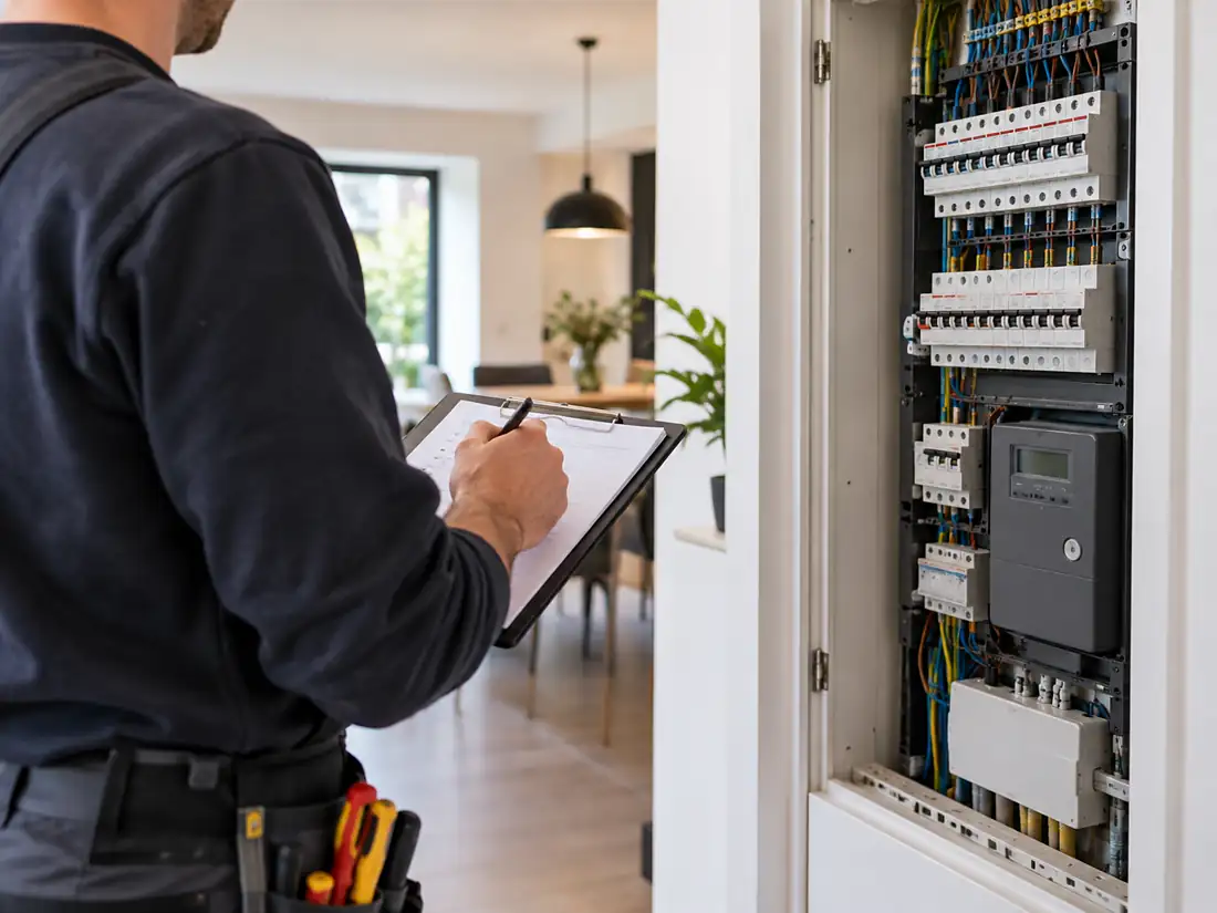 Elektricien inspecteert de meterkast in een woning in Amsterdam