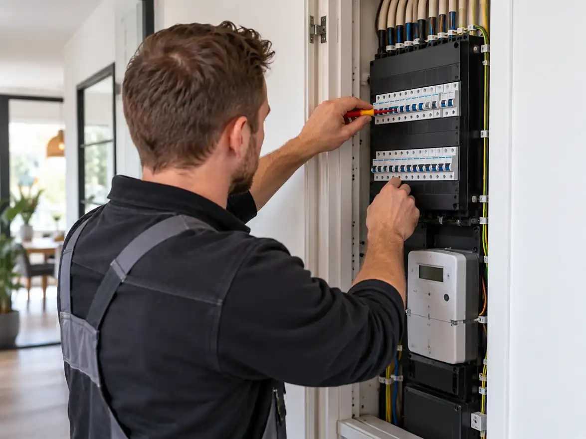 Elektricien werkt aan de meterkast voor een aanpassing van de elektrische installatie in Amsterdam
