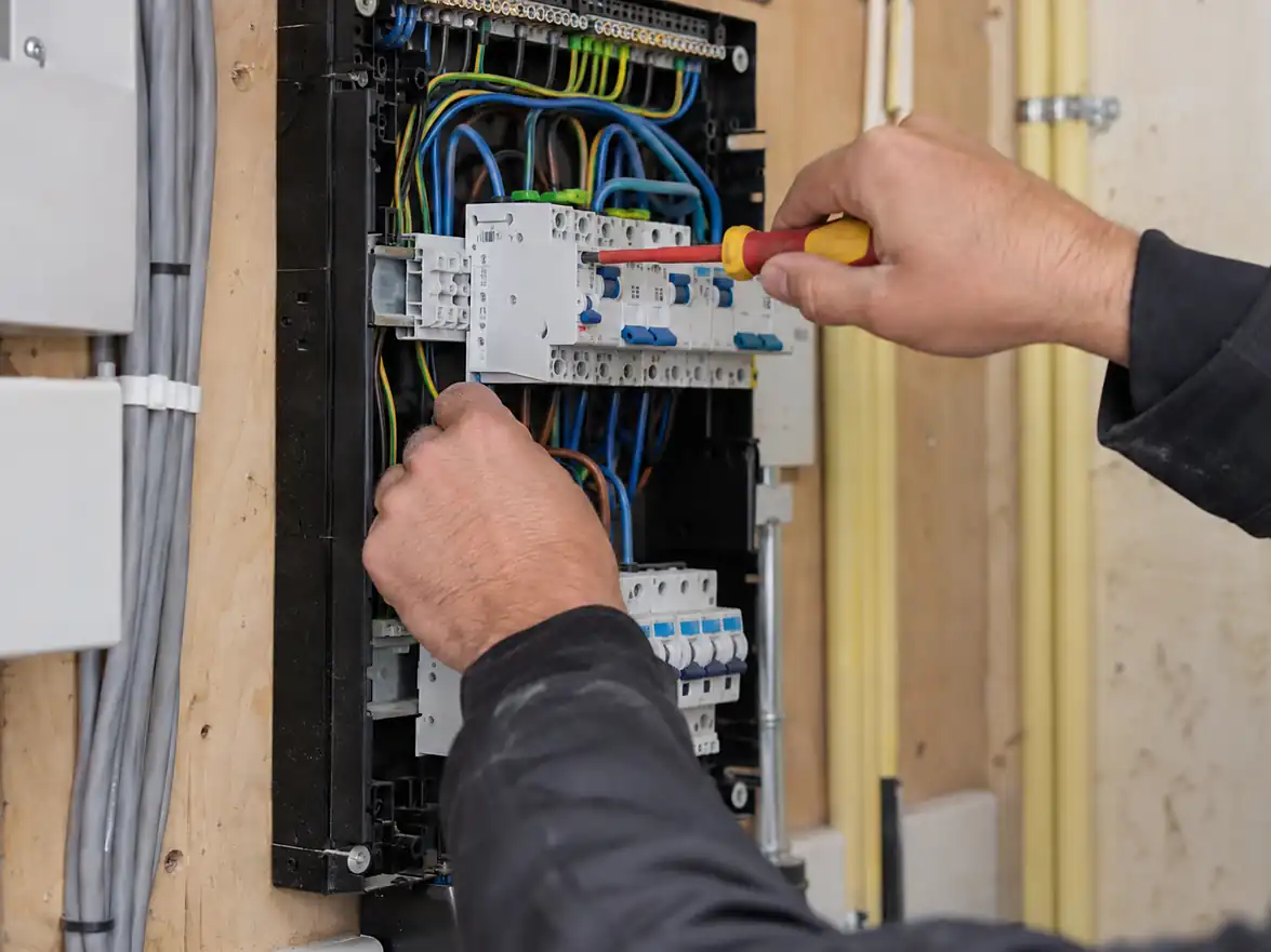 Elektricien sluit bedrading en groepen aan in een nieuwe groepenkast in Amsterdam