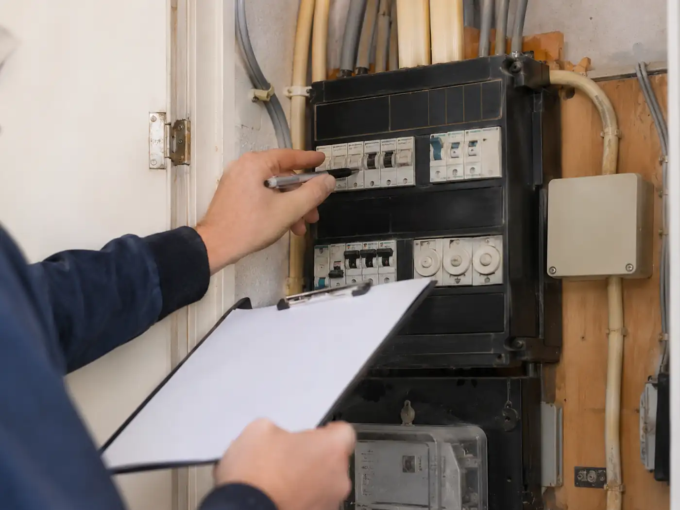 Elektricien controleert een oudere groepenkast in een woning in Amsterdam