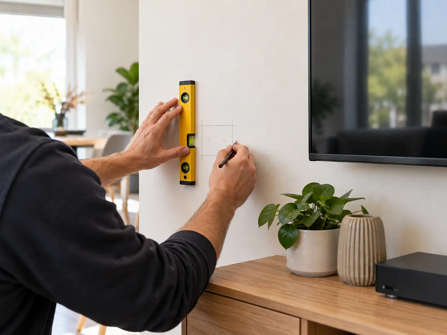 Elektricien meet de positie van een nieuw stopcontact uit in een woning in Amsterdam