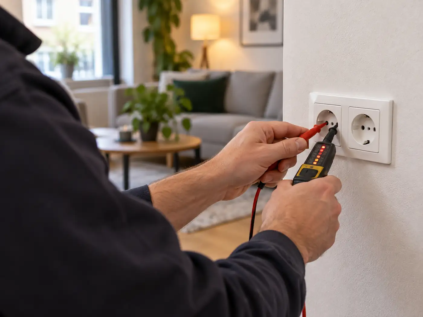 Elektricien controleert een stopcontact bij een elektrische storing in Amsterdam