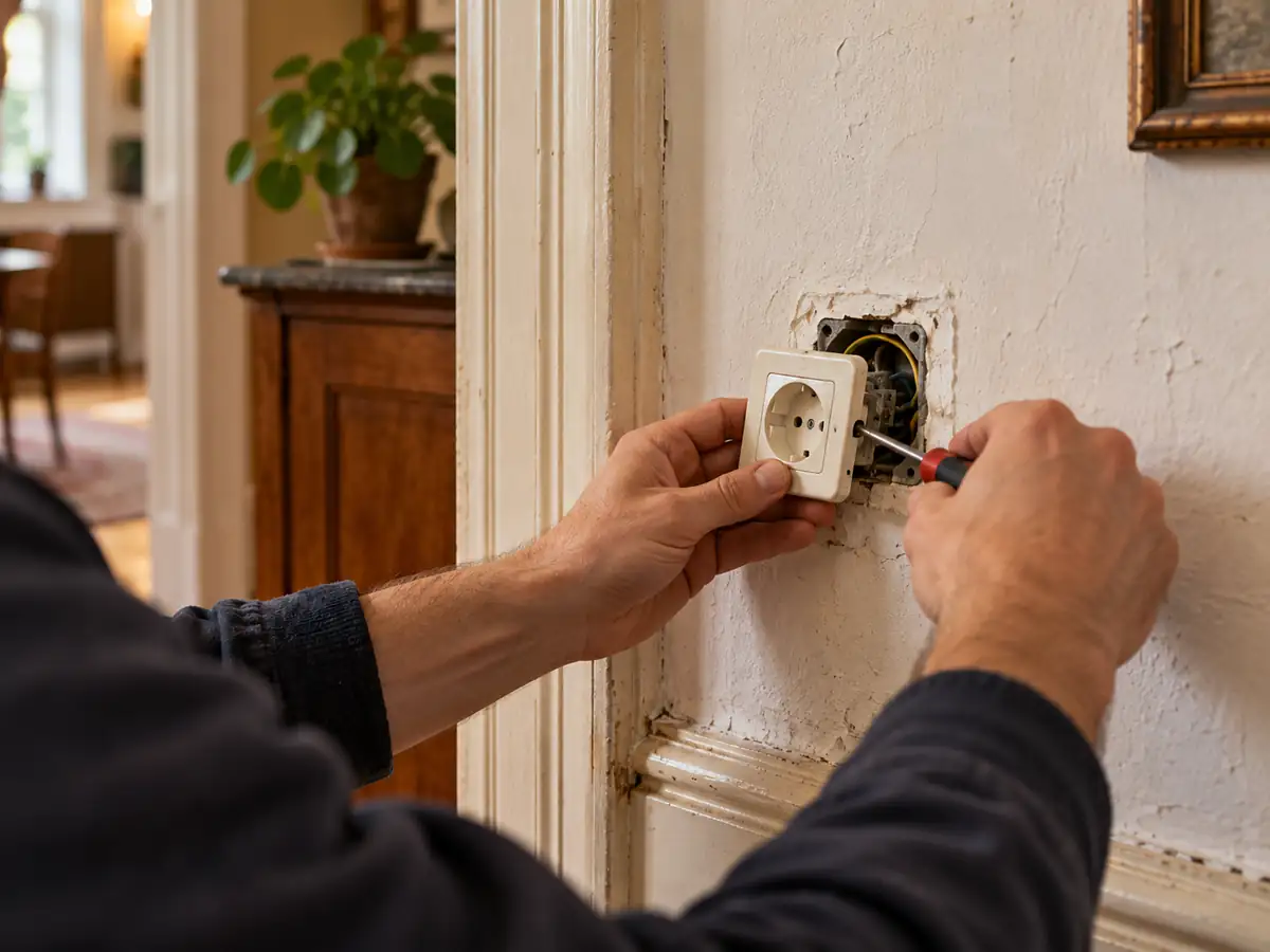 Elektricien vervangt een stopcontact in een oudere woning in Amsterdam