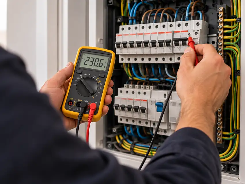 Elektricien meet de elektrische installatie in de groepenkast om een stroomstoring op te sporen